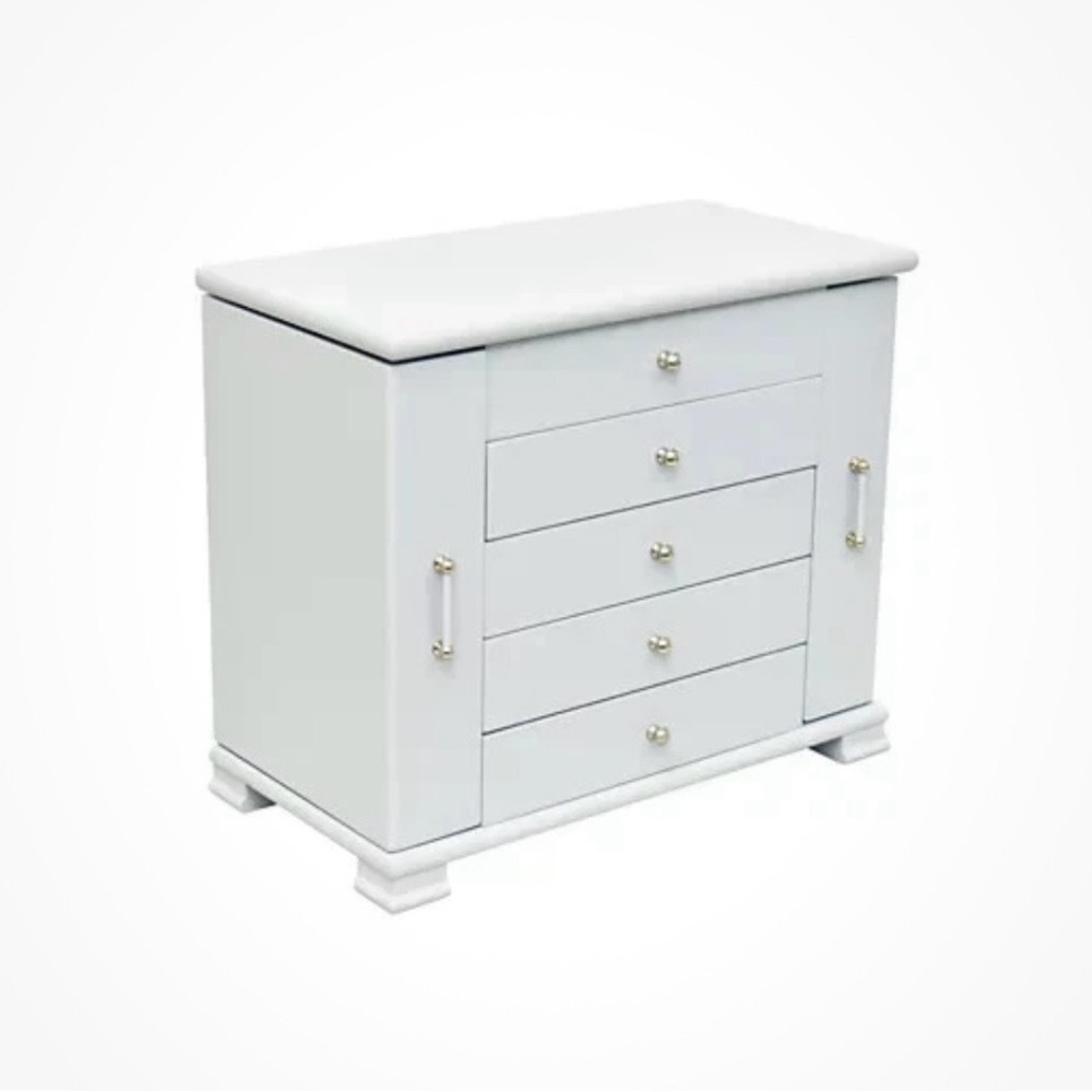 Pko Inc. White Modern Jewelry Box- 4 Drawers, 2 Side Doors w/ Hangers & Lift Top
